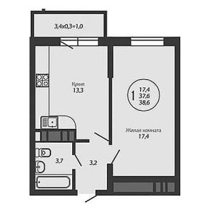 1 комнатная 38.6м²