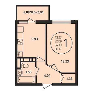 1 комнатная 36.17м²