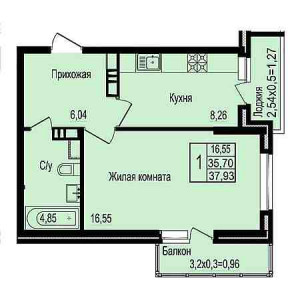 1 комнатная 37.93м²