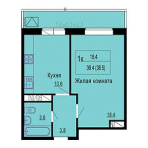 1 комнатная 38.5м²