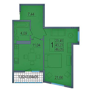 1 комнатная 46.05м²