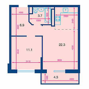 2 комнатная 45.3м²