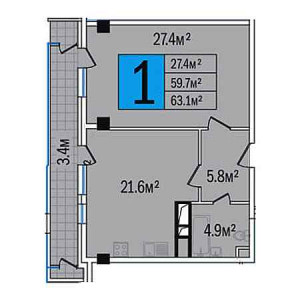 1 комнатная 63.1м²