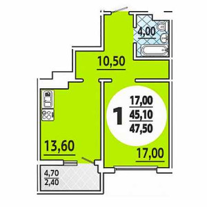 1 комнатная 47.5м²