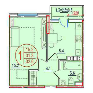 1 комнатная 32.6м²