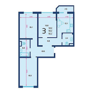 3 комнатная 91.2м²