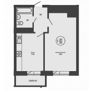 1 комнатная 39.4м²