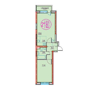 2 комнатная 39.4м²