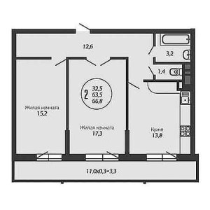 2 комнатная 66.8м²