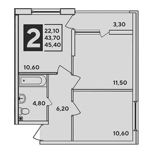 2 комнатная 45.4м²