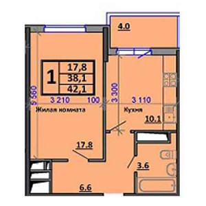 1 комнатная 42.1м²