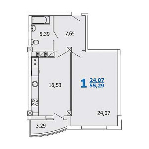 1 комнатная 55.29м²