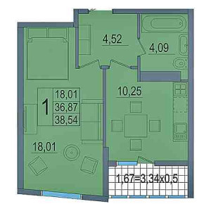 1 комнатная 38.54м²