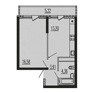 1 комнатная 43.29м²