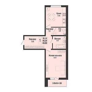 1 комнатная 48.09м²