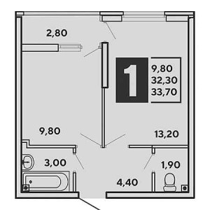 1 комнатная 33.7м²