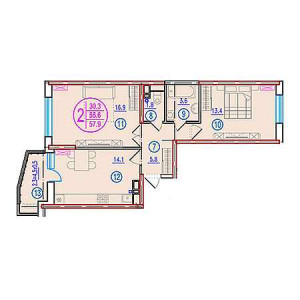 2 комнатная 57.9м²