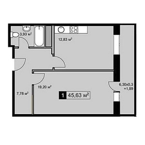 1 комнатная 45.63м²