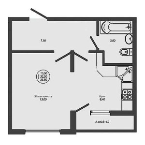 1 комнатная 33.5м²