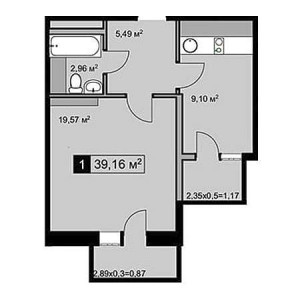 1 комнатная 39.16м²