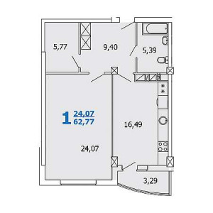 1 комнатная 62.77м²