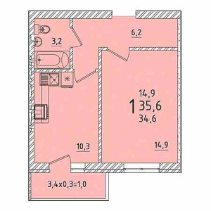 1 комнатная 35.6м²