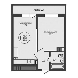 1 комнатная 39.9м²