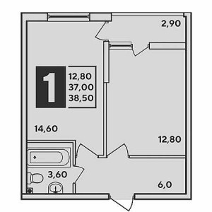 1 комнатная 38.5м²