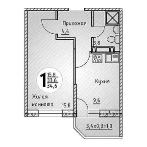 1 комнатная 34.6м²