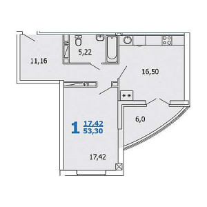 1 комнатная 53.3м²