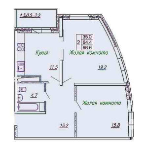 2 комнатная 66.6м²