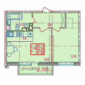 2 комнатная 41.06м²