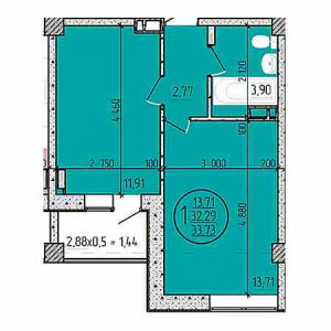 1 комнатная 33.73м²