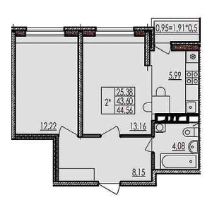 2 комнатная 44.56м²