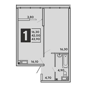 1 комнатная 43.9м²