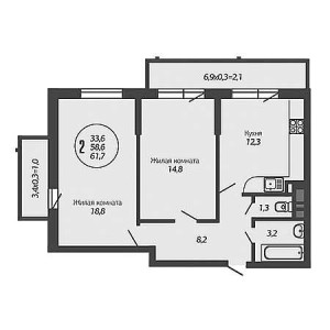 2 комнатная 61.7м²