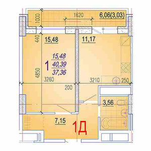 1 комнатная 37.36м²