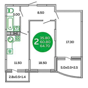 2 комнатная 64.7м²