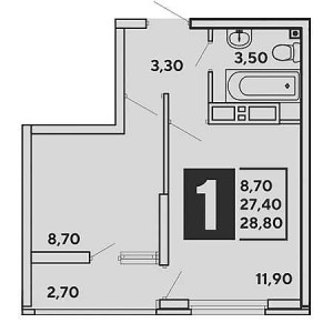 1 комнатная 28.8м²