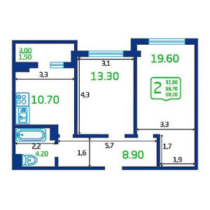 2 комнатная 58.2м²