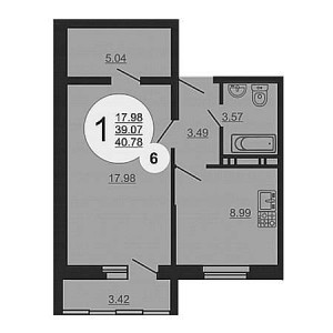 1 комнатная 40.78м²