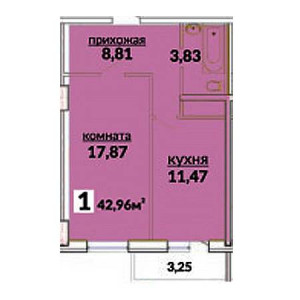 1 комнатная 42.96м²