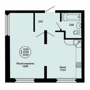 1 комнатная 35.6м²