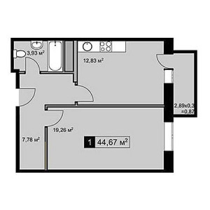 1 комнатная 44.67м²