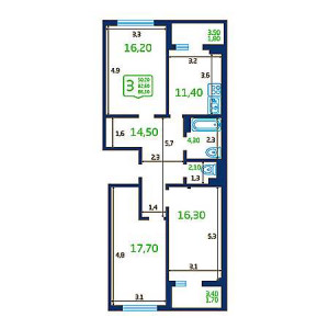 3 комнатная 86.1м²