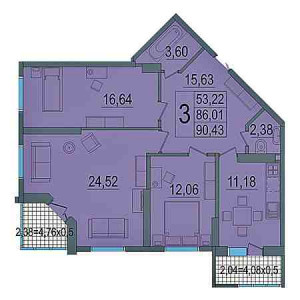 3 комнатная 90.43м²