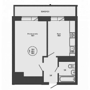 1 комнатная 38.5м²