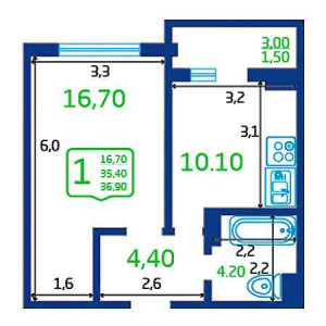 1 комнатная 36.9м²