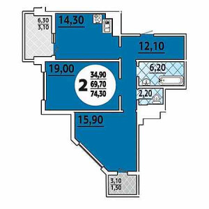 2 комнатная 74.3м²