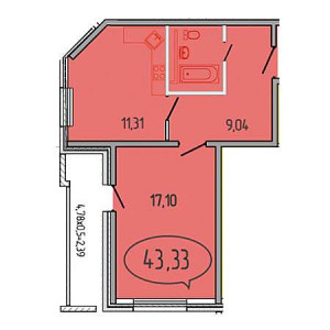 1 комнатная 43.33м²